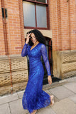 Vivian blue embellished maxi dress with V neckline, long sleeves and tonal sequin and bead detailing designed for elegant evening and occasion wear styling