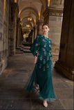 Naida rainforest green embellished maxi dress by Frock and Frill with batwing sleeves and silver floral beadwork designed for flowing statement occasion wear styling