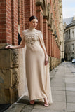 Paloma nude embellished maxi dress by Frock and Frill with sheer mesh cape and high neckline