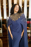 Zadie Navy Embellished Cape Maxi Dress with gold embellished neckline and flowing sheer cape
