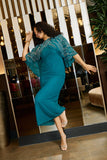 Anna storm green embellished midaxi dress with cape overlay and beadwork detailing designed for elegant wedding guest and occasion wear styling