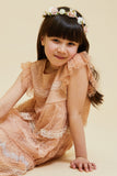 Corabelle pink ruffled lace dress with pastel lace trim and polka dot mesh overlay designed for children’s occasion wear and special events