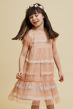 Corabelle pink ruffled lace dress with pastel lace trim and polka dot mesh overlay designed for children’s occasion wear and special events styling
