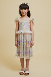 فستان "ميلا" رمادي كريستالي مزين بتطريزات زهرية