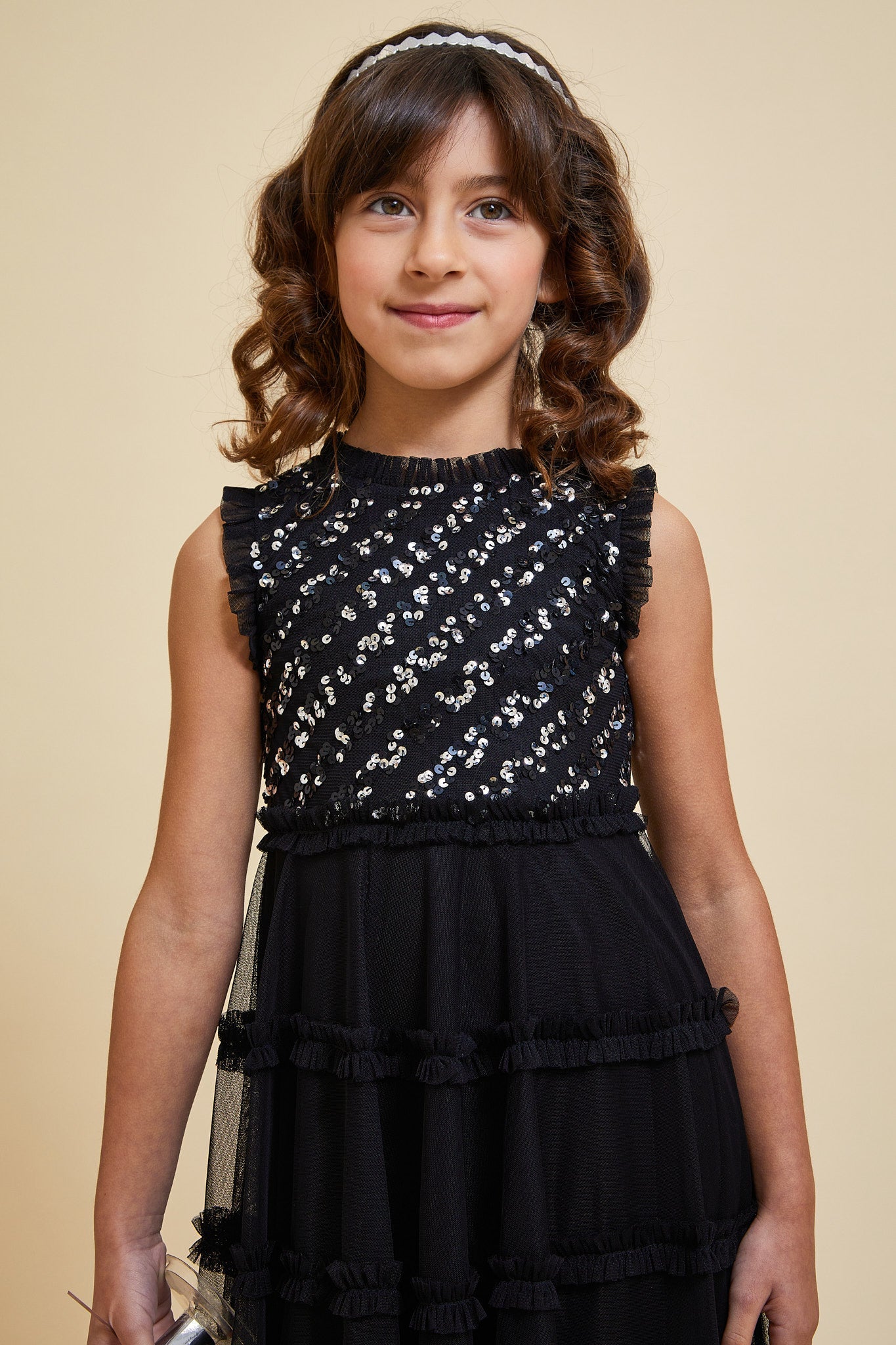 Aria girls’ black embellished dress with sequinned bodice and tiered skirt