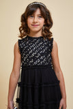 Aria girls’ black embellished dress with sequinned bodice and tiered skirt