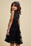 Aria girls’ black embellished dress with sequinned bodice and tiered skirt