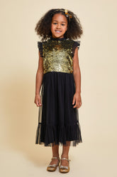 Stella black and gold sequin dress with reversible sequin bodice and ruffle detailing designed for party wear and special occasion styling