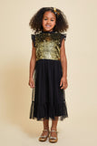 Stella black and gold sequin dress with reversible sequin bodice and ruffle detailing designed for party wear and special occasion styling