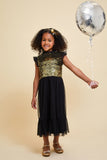 Stella black and gold sequin dress with reversible sequin bodice and ruffle detailing designed for party wear and special occasion styling