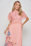 Adara pink floral embroidered midi dress by Frock and Frill romantic occasionwear dress for weddings, races and special events