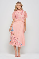 Adara pink floral embroidered midi dress by Frock and Frill romantic occasionwear dress for weddings, races and special events