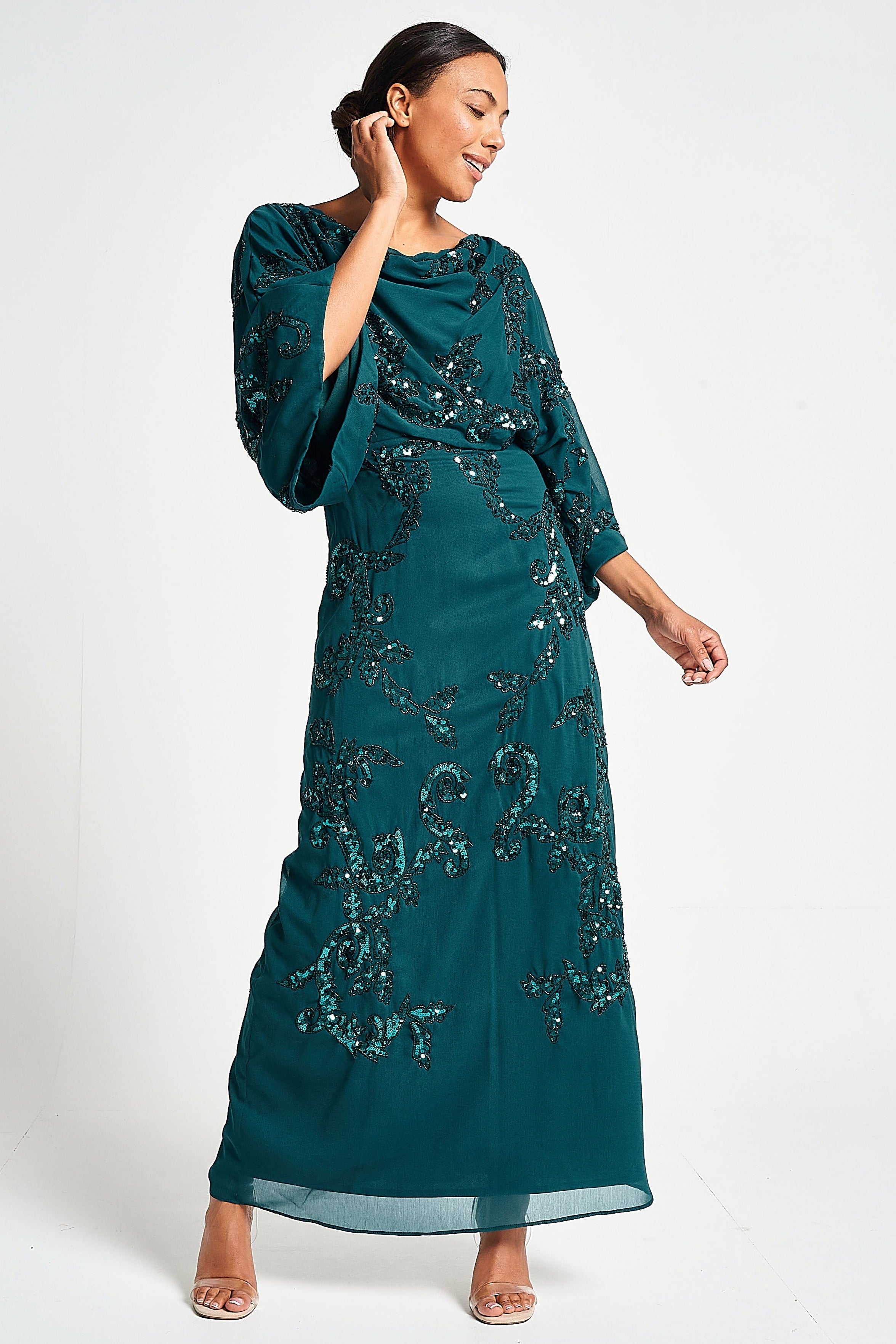 Adela Storm Green Embellished Maxi Dress