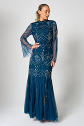 Adelia blue embellished maxi dress with vintage-inspired beadwork, high neckline and long sleeves designed for elegant modest occasion wear styling