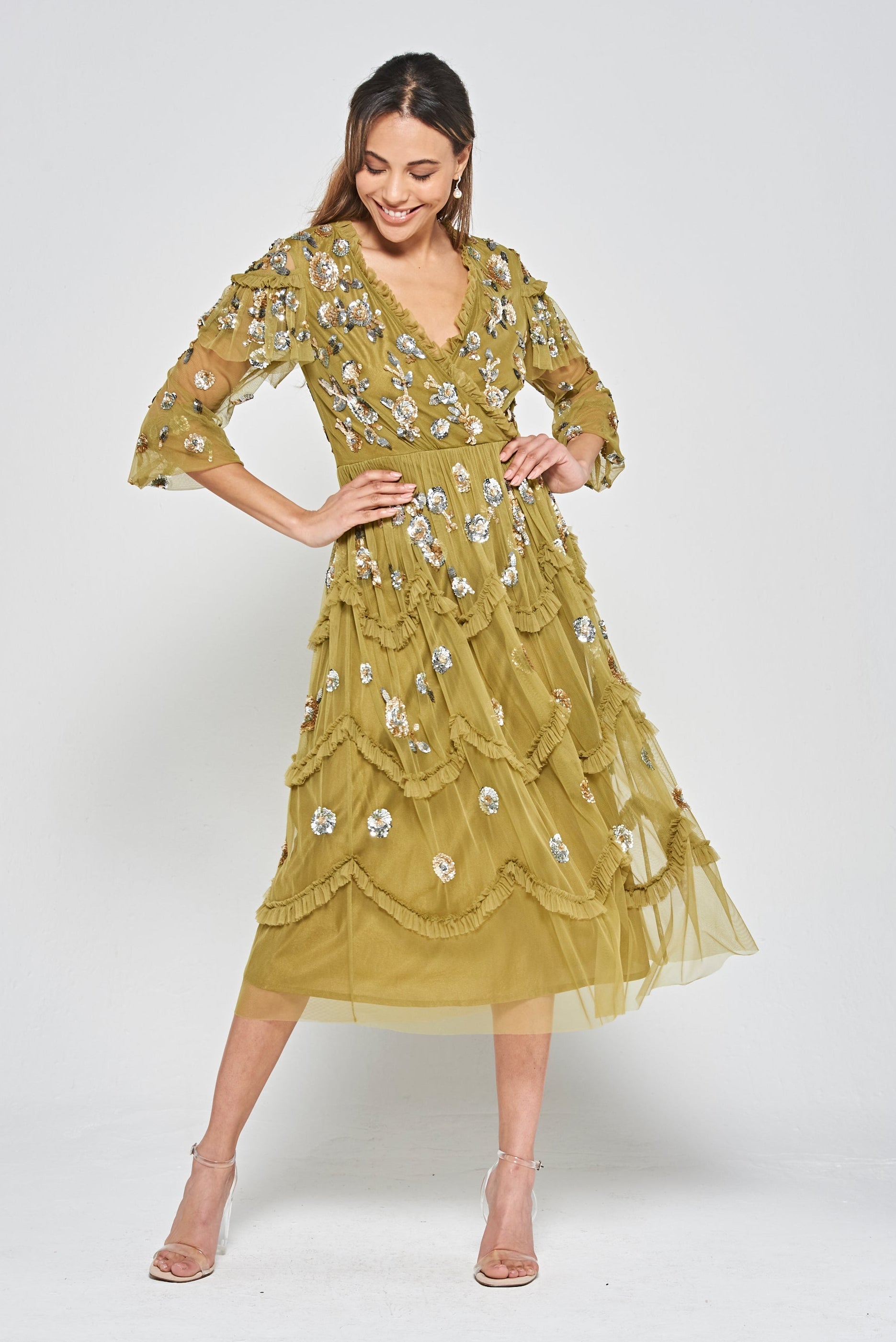 Adira Floral Sequin Ruffled Midi Dress - Willow Green