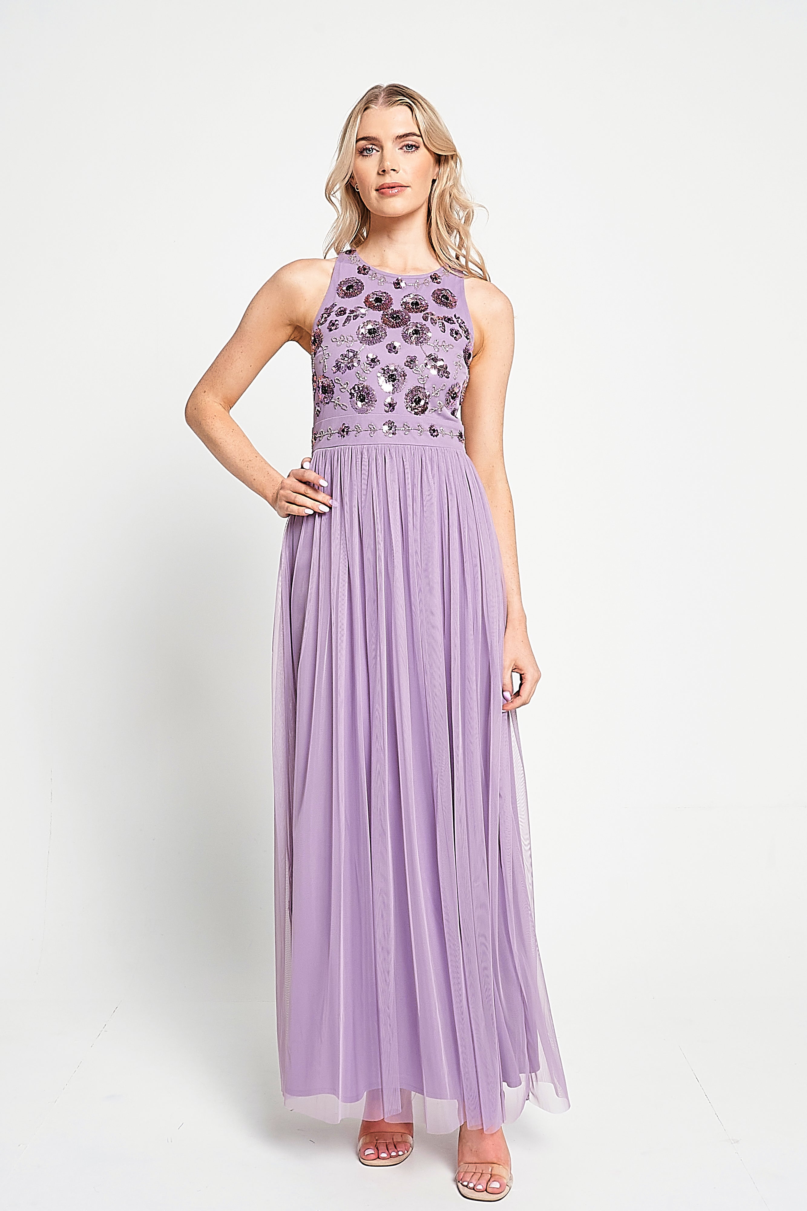 Aeris Lilac Floral Embellished Maxi Dress