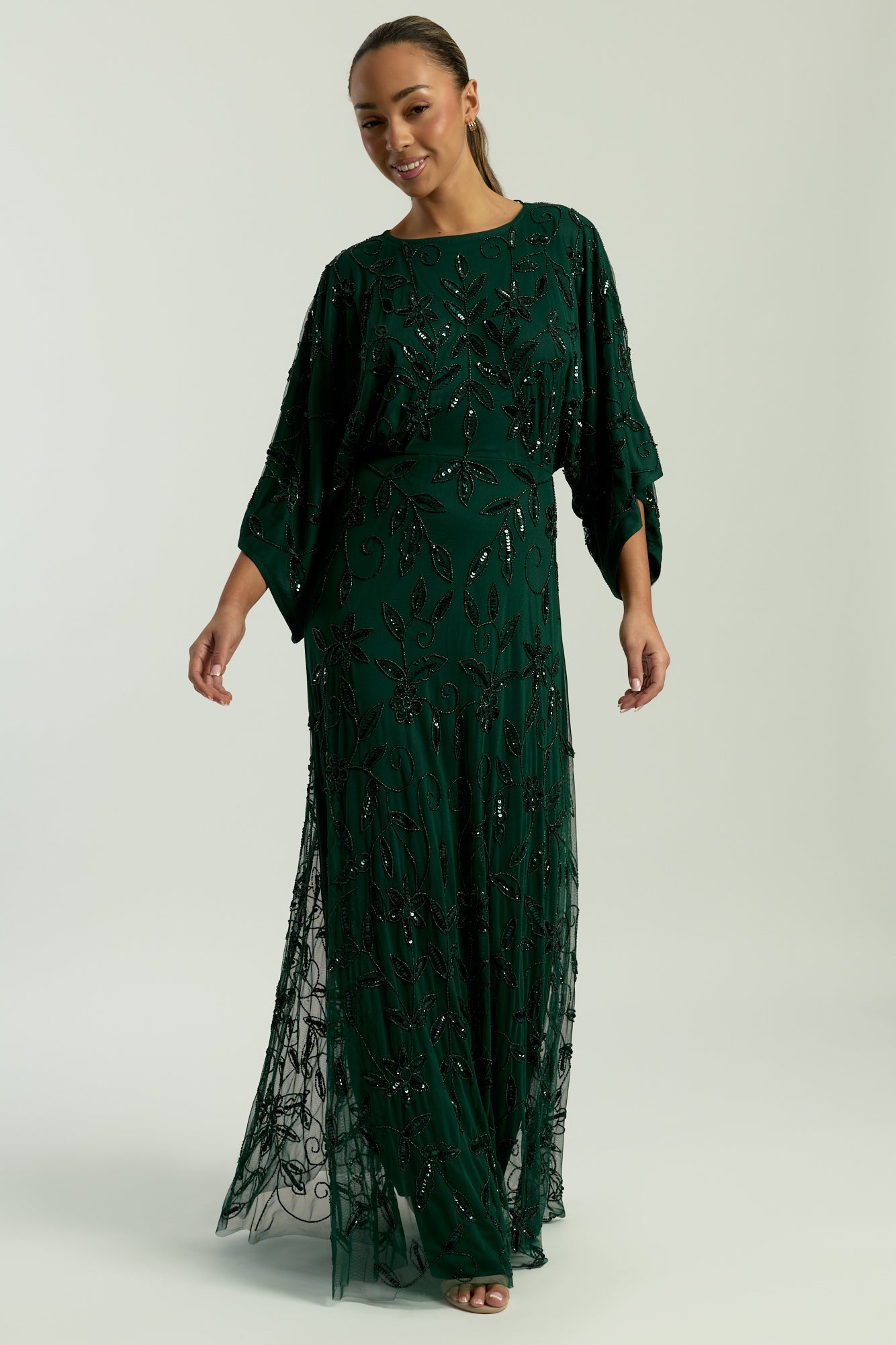Aiya Rainforest Green Embellished Maxi Dress with Batwing Sleeves