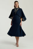 Alani navy embellished cape sleeve midi dress by Frock and Frill with high neckline, silver embellishment and flowing cape sleeves designed for elegant occasion wear styling
