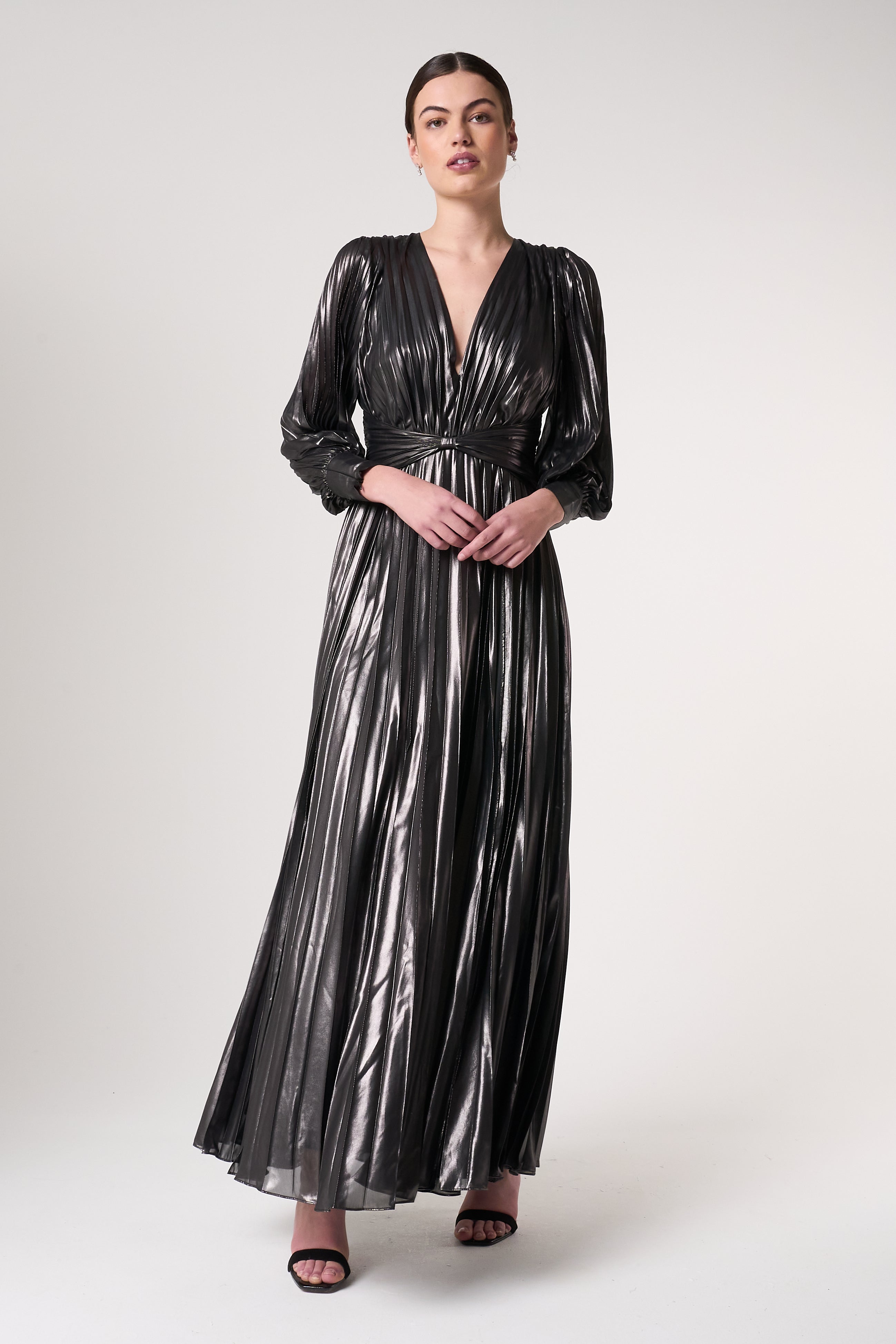 Alberta Metallic Charcoal Pleated Maxi Dress