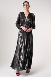 Alberta metallic charcoal pleated maxi dress with V neckline, blouson sleeves and waist twist detail designed for elegant evening and occasion wear styling