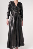 Alberta metallic charcoal pleated maxi dress with V neckline, blouson sleeves and waist twist detail designed for elegant evening and occasion wear styling
