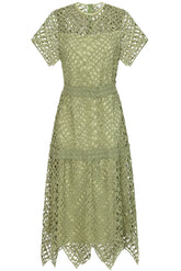Alessia Green Crochet Lace Midi Dress by Frock and Frill, short sleeves, midi length, sage green dress for weddings and special occasions.
