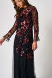 Aliza black floral embellished maxi dress by Frock and Frill with pink and red floral detailing, sheer mesh overlay and ruffle accents for elegant occasion wear styling