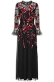Aliza black floral embellished maxi dress by Frock and Frill with pink and red floral detailing, sheer mesh overlay and ruffle accents for elegant occasion wear styling