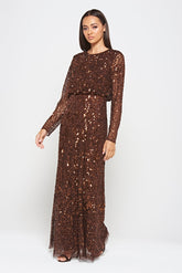 Allegro long sleeve sequin maxi dress in chicory coffee brown