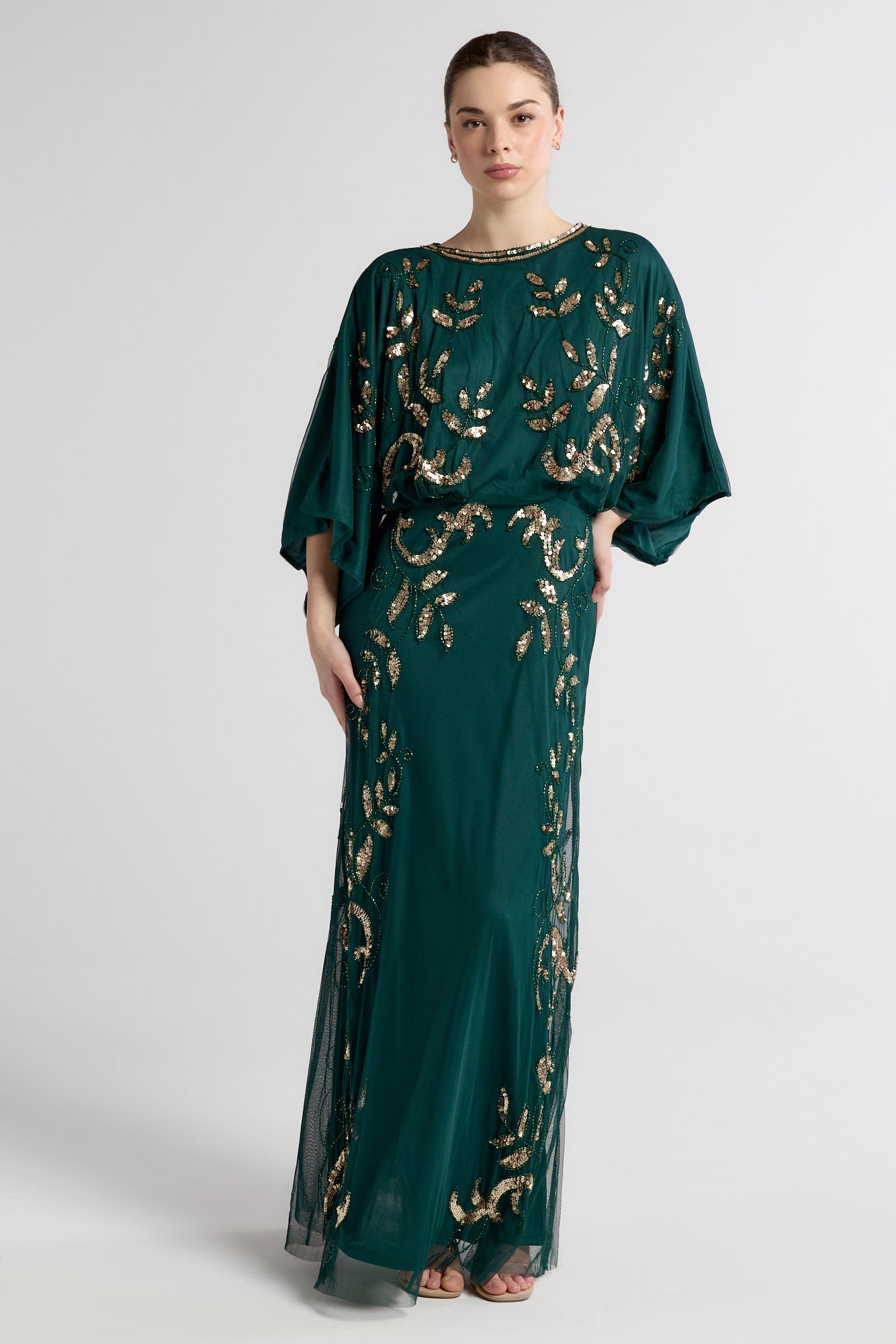 Frock and Frill Ambretta Embellished Midi Dress with elbow-length sleeves in rainforest green, featuring sparkling beadwork and a flowing elegant silhouette.