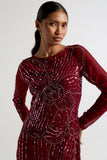 Amorette burgundy red embellished maxi dress with oversized floral bead detailing, modest long sleeves, flowing silhouette – Frock and Frill evening gown