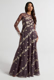 Anastasia purple floral embroidered maxi dress by Frock and Frill, romantic long sleeve gown for weddings, garden parties and prom.