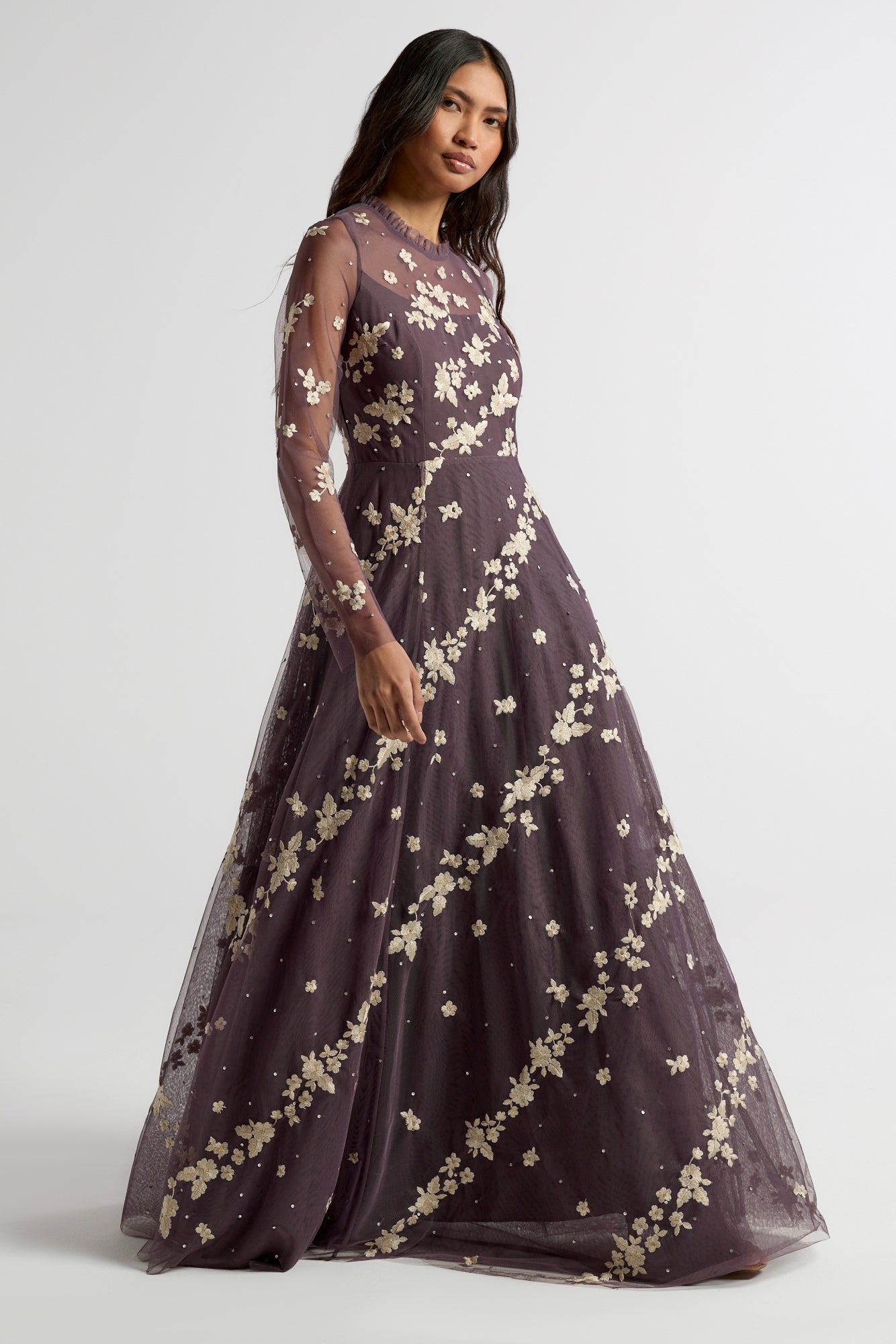 Anastasia purple floral embroidered maxi dress by Frock and Frill, romantic long sleeve gown for weddings, garden parties and prom.