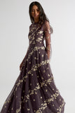 Anastasia purple floral embroidered maxi dress by Frock and Frill, romantic long sleeve gown for weddings, garden parties and prom.