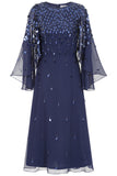 Annette navy embellished cape sleeve midi dress with tonal sequin detailing and flowing silhouette designed for elegant wedding guest and occasion wear styling