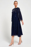 Annette navy embellished cape sleeve midi dress with tonal sequin detailing and flowing silhouette designed for elegant wedding guest and occasion wear styling