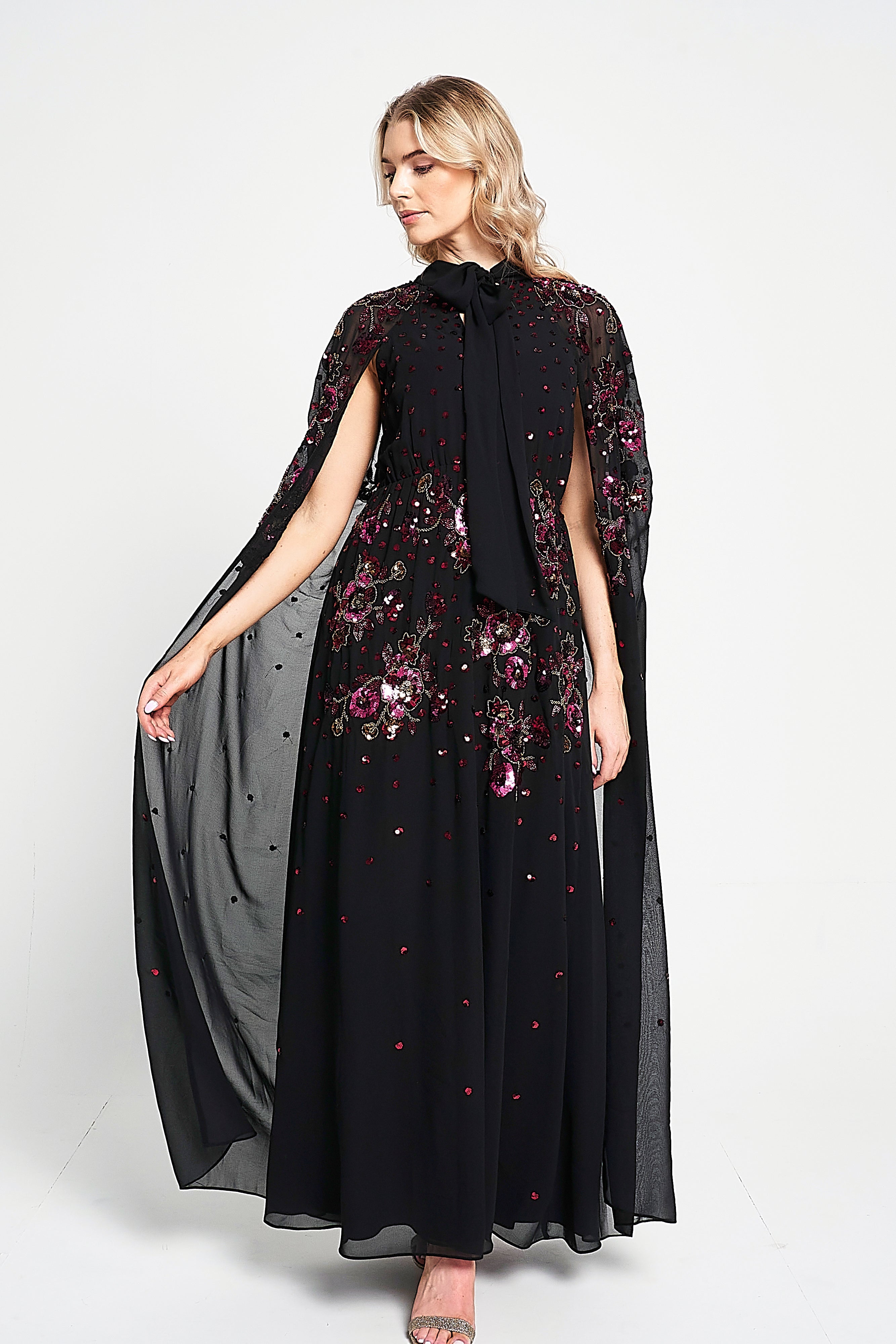 Anya Black Embellished Cape Sleeve Maxi Dress