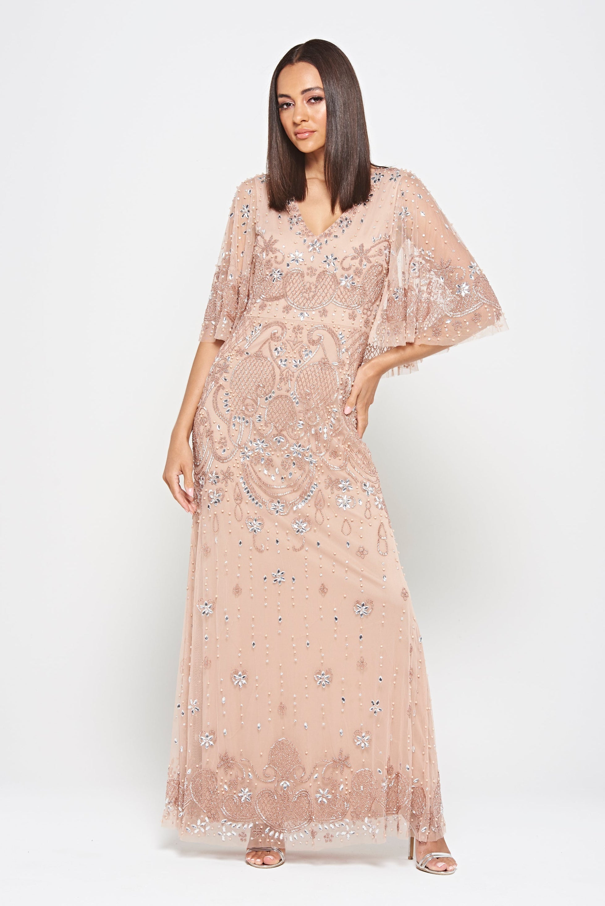Arabella Blush Embellished Cape Sleeve Maxi Dress