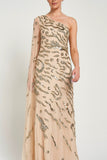 Arlene one shoulder cape sleeve embellished maxi dress in nude gold with sequin detailing designed for elegant evening and occasion wear styling