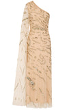 Arlene one shoulder cape sleeve embellished maxi dress in nude gold with sequin detailing designed for elegant evening and occasion wear styling