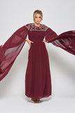 Frock & Frill Aruna burgundy embellished cape maxi dress with sparkling beaded bodice, flowing chiffon cape sleeves, and elegant full-length silhouette—ideal for weddings and formal events.