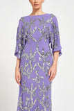 Ava lilac embellished midi dress with silver beadwork, relaxed sleeves and elegant cowl back detail for special occasions.