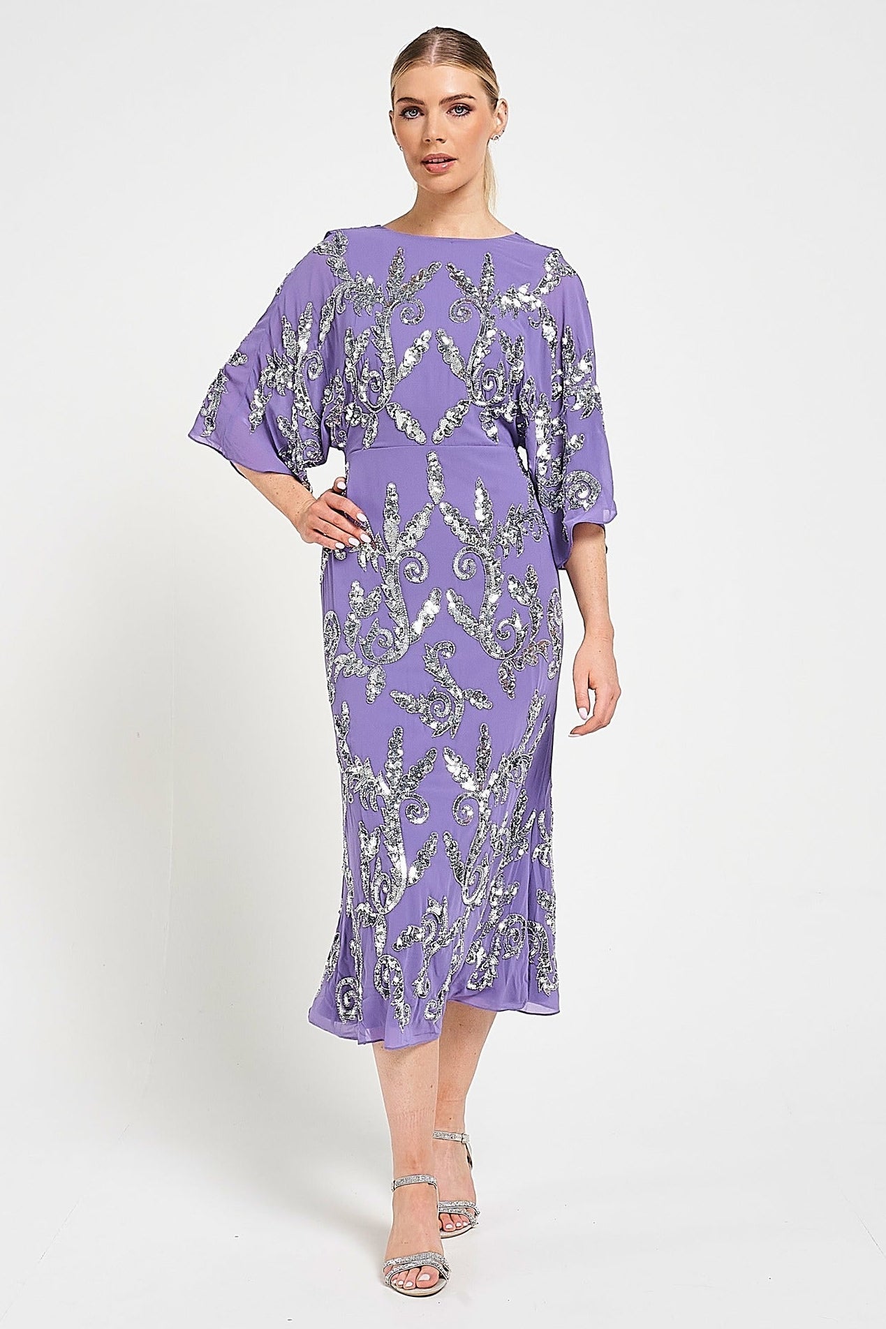 Ava lilac embellished midi dress with silver beadwork, relaxed sleeves and elegant cowl back detail for special occasions.