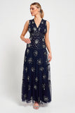Aveline navy embellished sleeveless maxi dress with v-neck bodice, silver beadwork and tiered skirt, full-length formal occasion dress