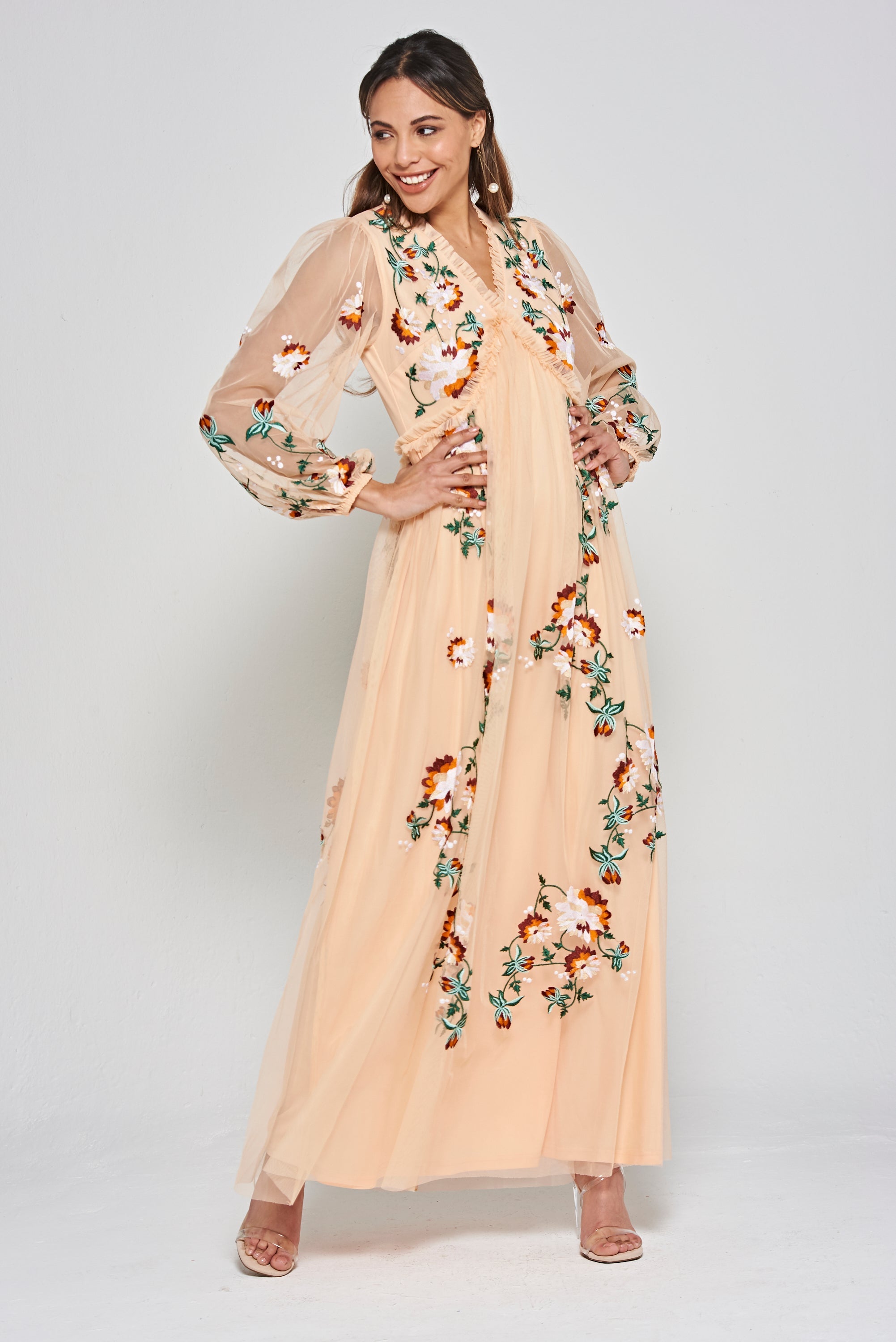 Aviana Floral Embroidered Maxi Dress - Almond