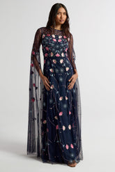 Azalea Navy Floral Cape Sleeve Maxi Dress by Frock and Frill with embroidered floral detail, flowing cape sleeves and modest evening design.