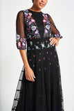 Bibiana black embroidered maxi dress by Frock and Frill with floral embroidery and sheer sleeves