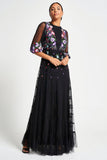 Bibiana black embroidered maxi dress by Frock and Frill with floral embroidery and sheer sleeves