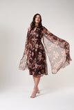 Bronwyn Brown Floral Print Cape Sleeve Midi Dress