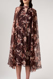 Bronwyn Brown Floral Print Cape Sleeve Midi Dress